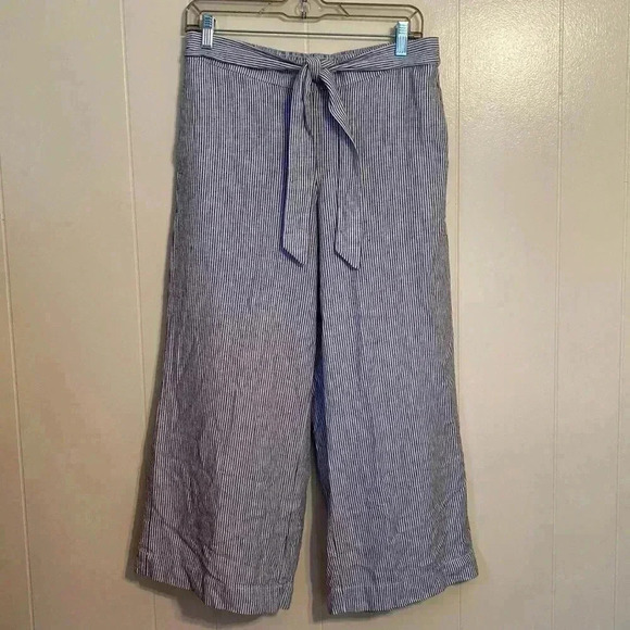 Loft Outlet Blue & White Stripe Wide Leg Crop Linen/Rayon Size Small Tie Pants. - Picture 1 of 13